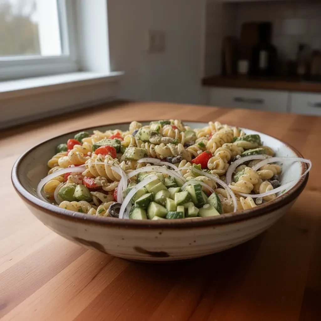 Leckere Portion Nudel-Salat mit italienischem Dressing und buntem Gemüse