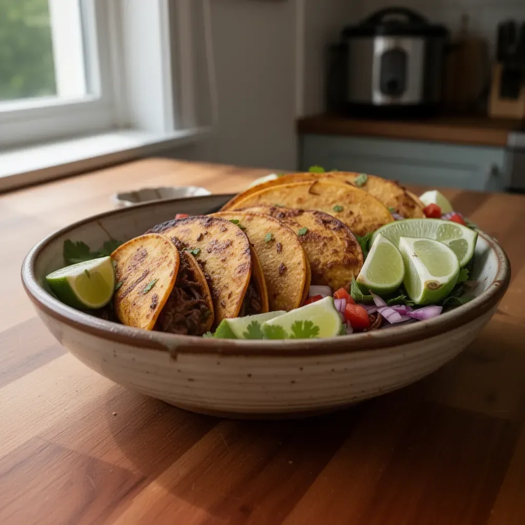 Einfache Birria-Tacos im Crock Pot zubereitet und serviert