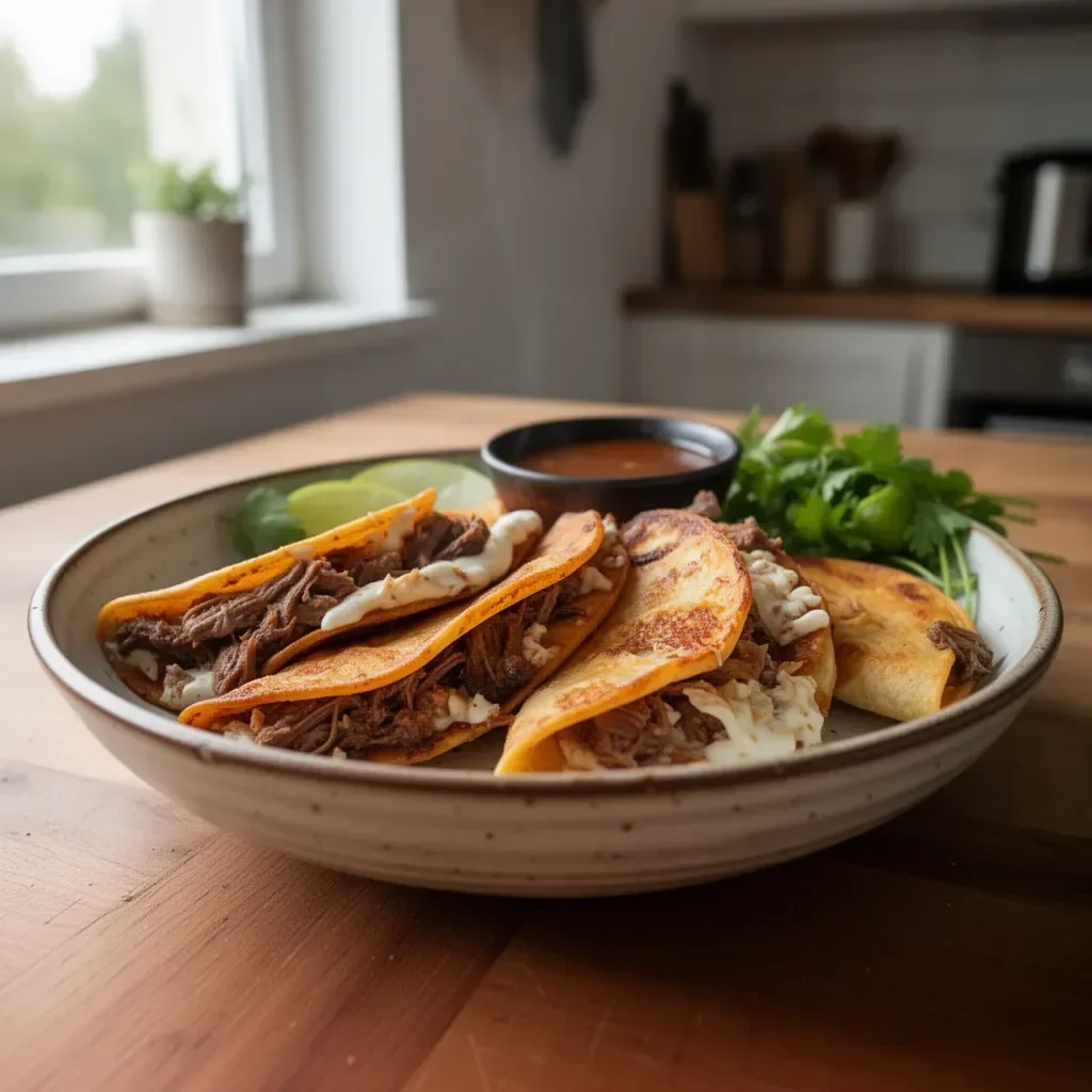 Einfache Birria-Tacos mit Consomé aus dem Slow Cooker, serviert auf einem Teller.