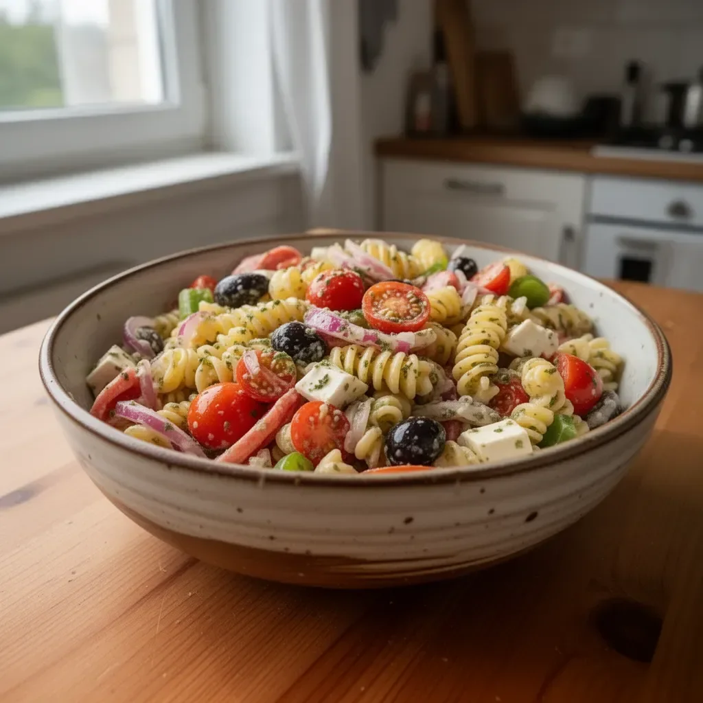 Einfache italienische Nudelsalat mit frischen Zutaten und Pasta
