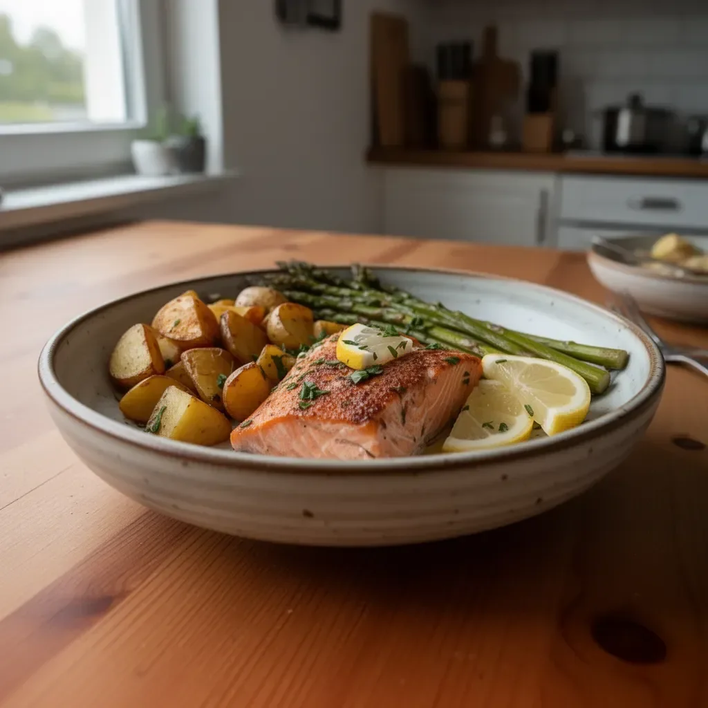 Einfache Lachs-Potato-Spargel-Platte auf einem Teller serviert.
