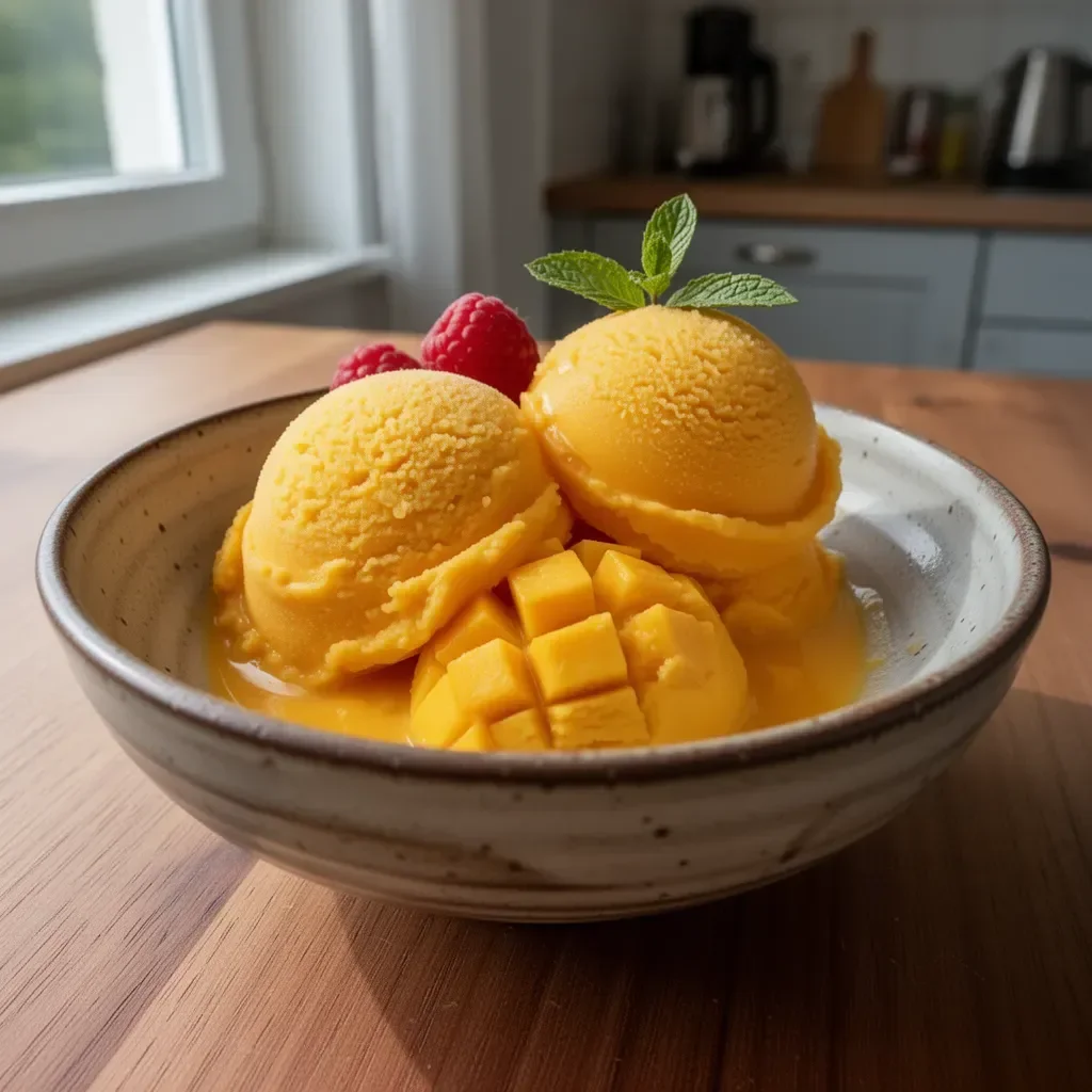Mango-Sorbet ohne Eismaschine serviert in einer Schale