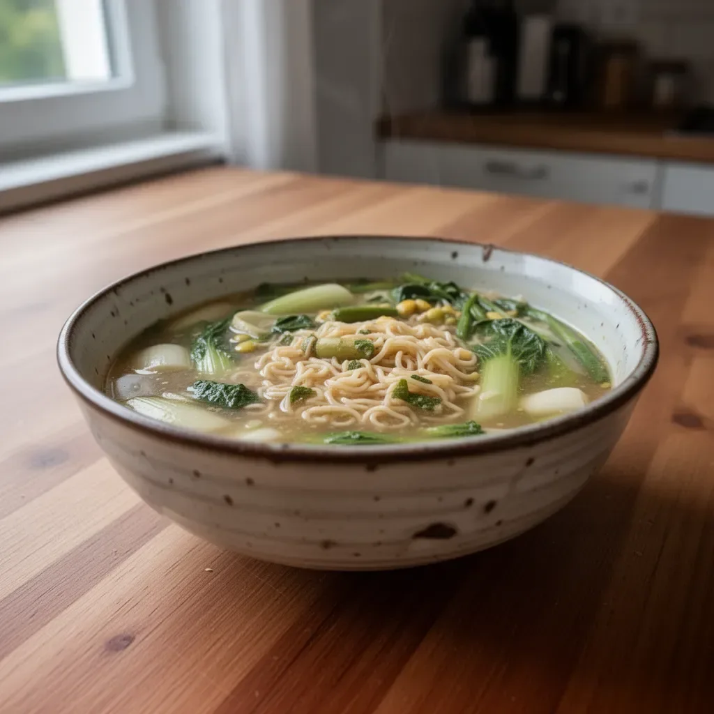 Eine Schüssel mit einfachen veganen Ramen, garniert mit frischem Gemüse