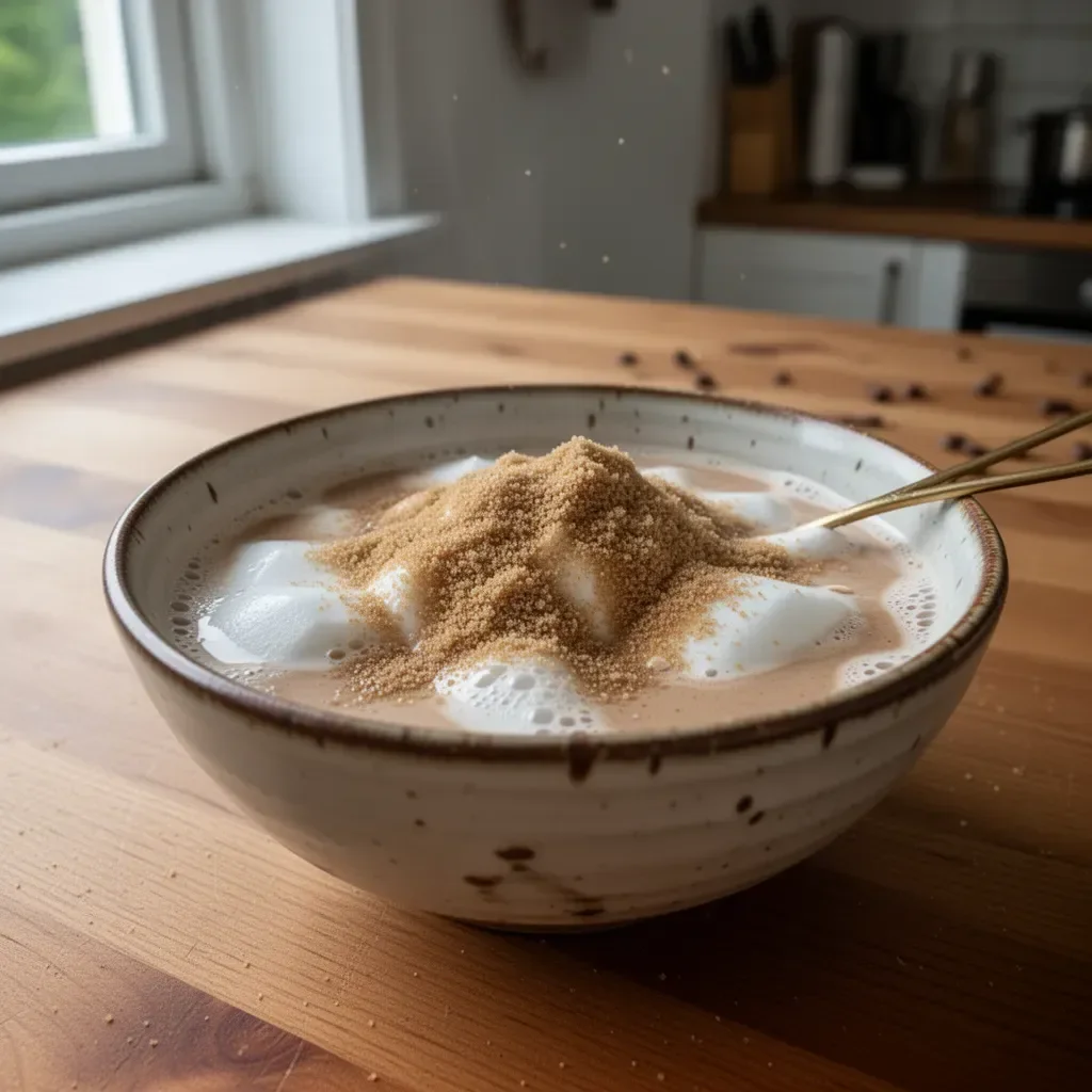 Eiskaffee mit Hafermilch und braunem Zucker in einem Glaskrug