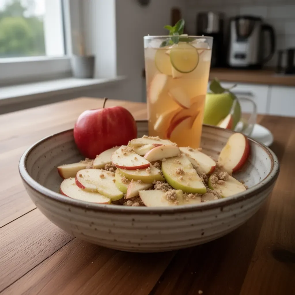 Eiskalter Washington®-Äpfeltee in einem Glas mit frischen Äpfeln und Eiswürfeln