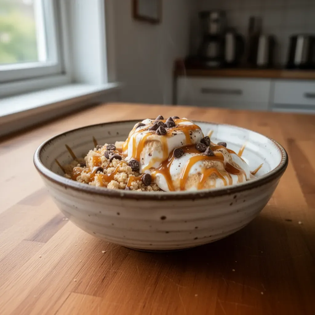 Eiskalter Karamell-Macchiato mit Sahne und Karamellsauce in einem Glas