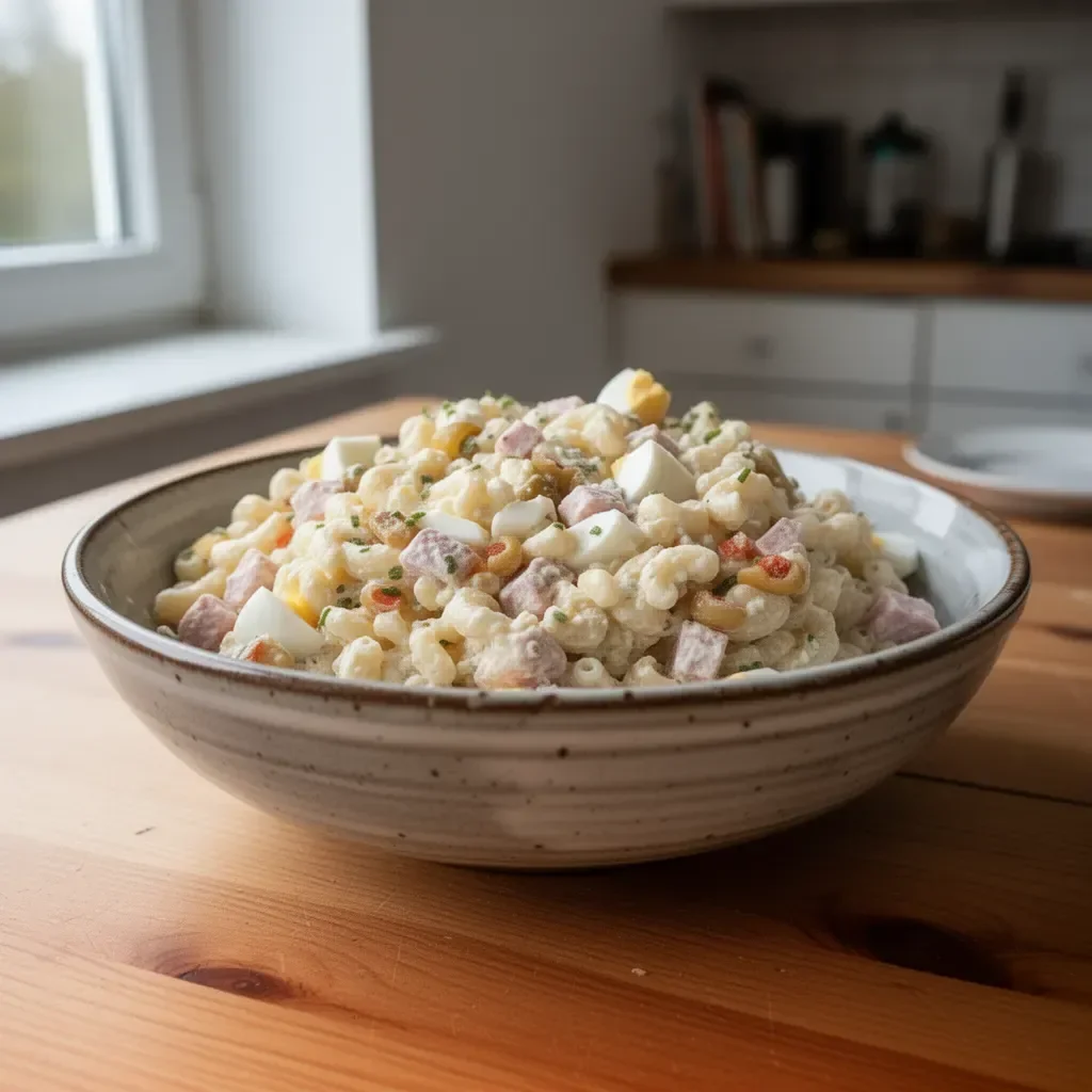 Schmackhafter Elohnudelsalat auf einem bunten Teller serviert.