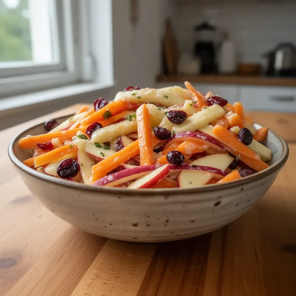 Erfrischender Salat mit Apfel, Blaubeere und Karotte auf einem Teller.