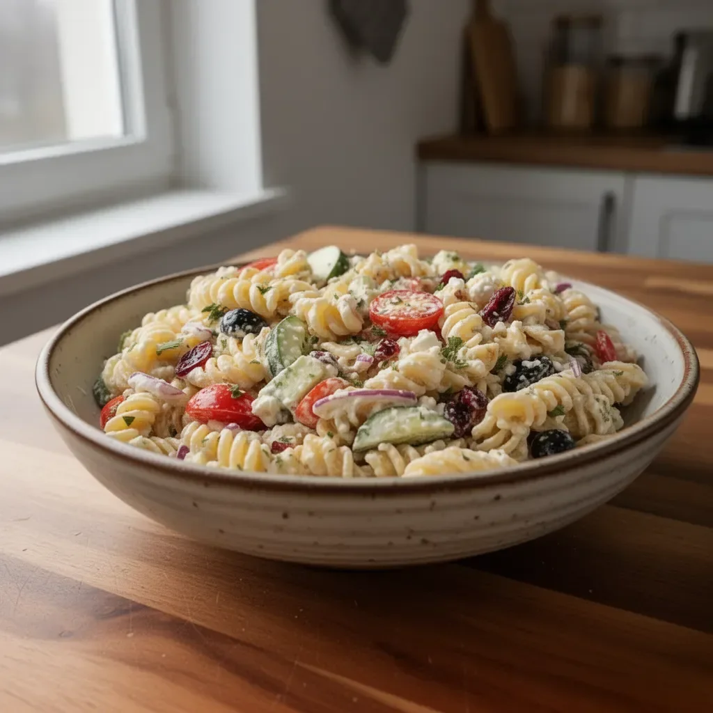 Festlicher Weihnachtsnudelsalat mit frischen Zutaten und festlichem Flair