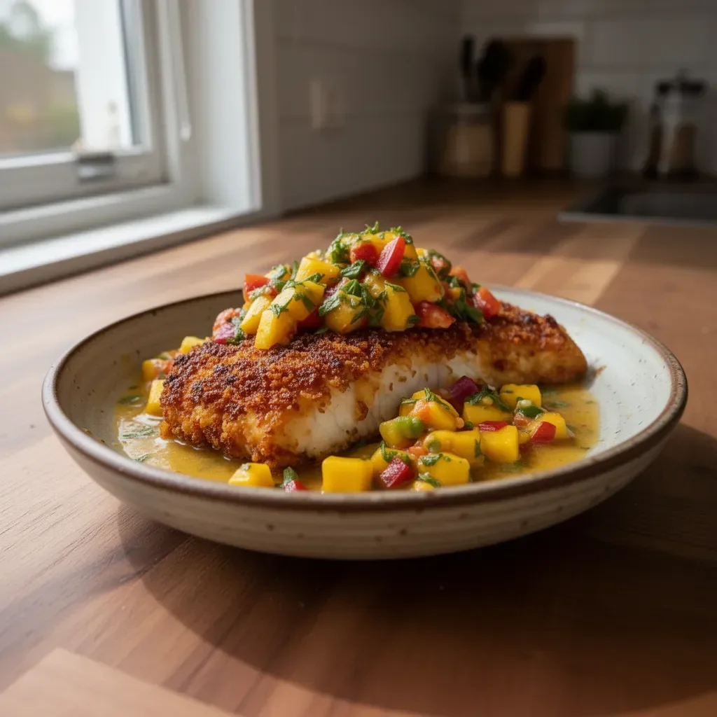 Fisch und Krustentiere mit Mangosauce auf einem Teller schön präsentiert.