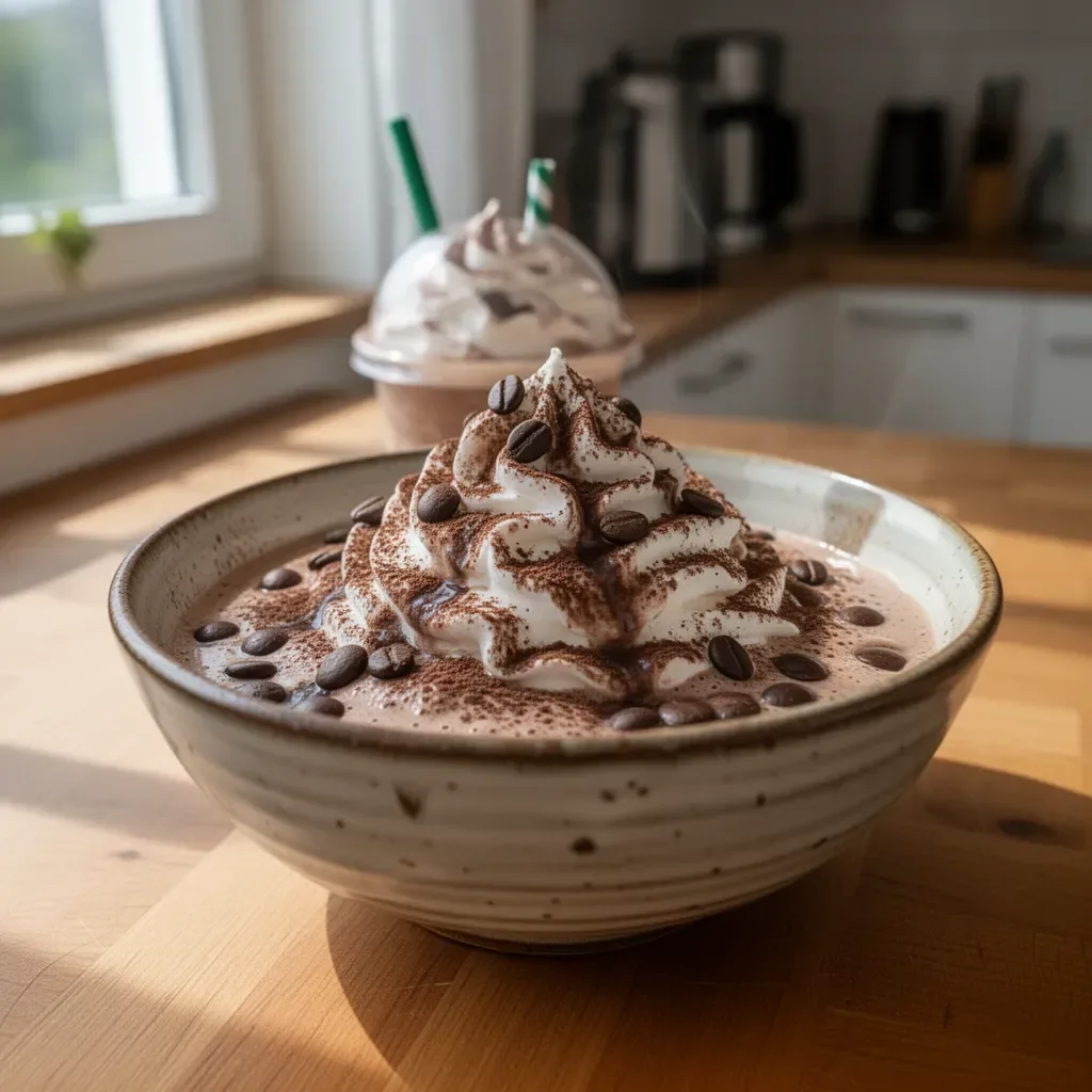 Leckere Frappuccino Mocha Imitation von Starbucks in einem Glas serviert.