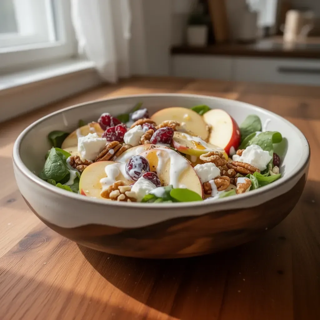 Frischer Apfel-Salat mit Joghurt-Honig-Dressing in einer Schüssel