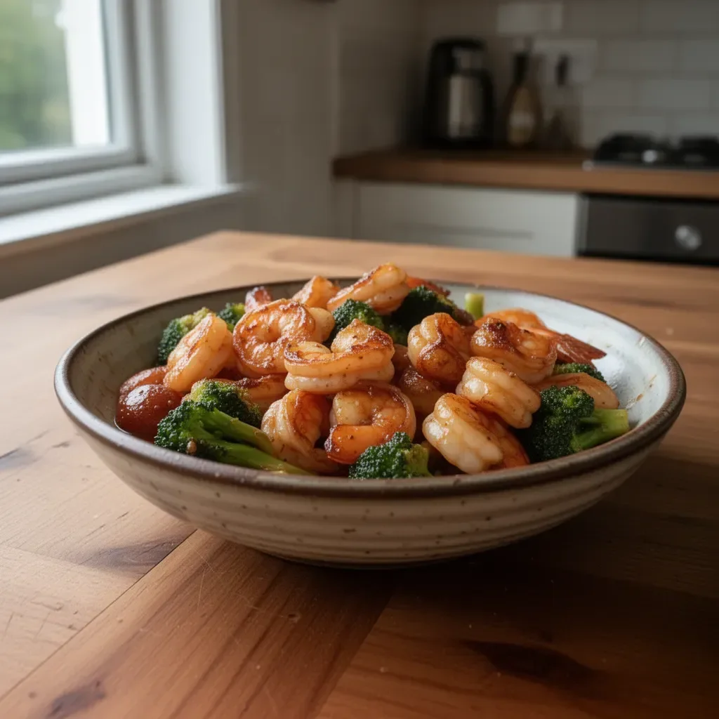 Garnelen mit Honig und Knoblauch auf einem Teller serviert
