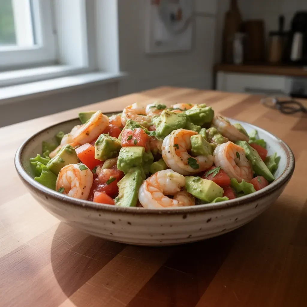 Garnelensalat mit Avocadosauce auf einem weißen Teller