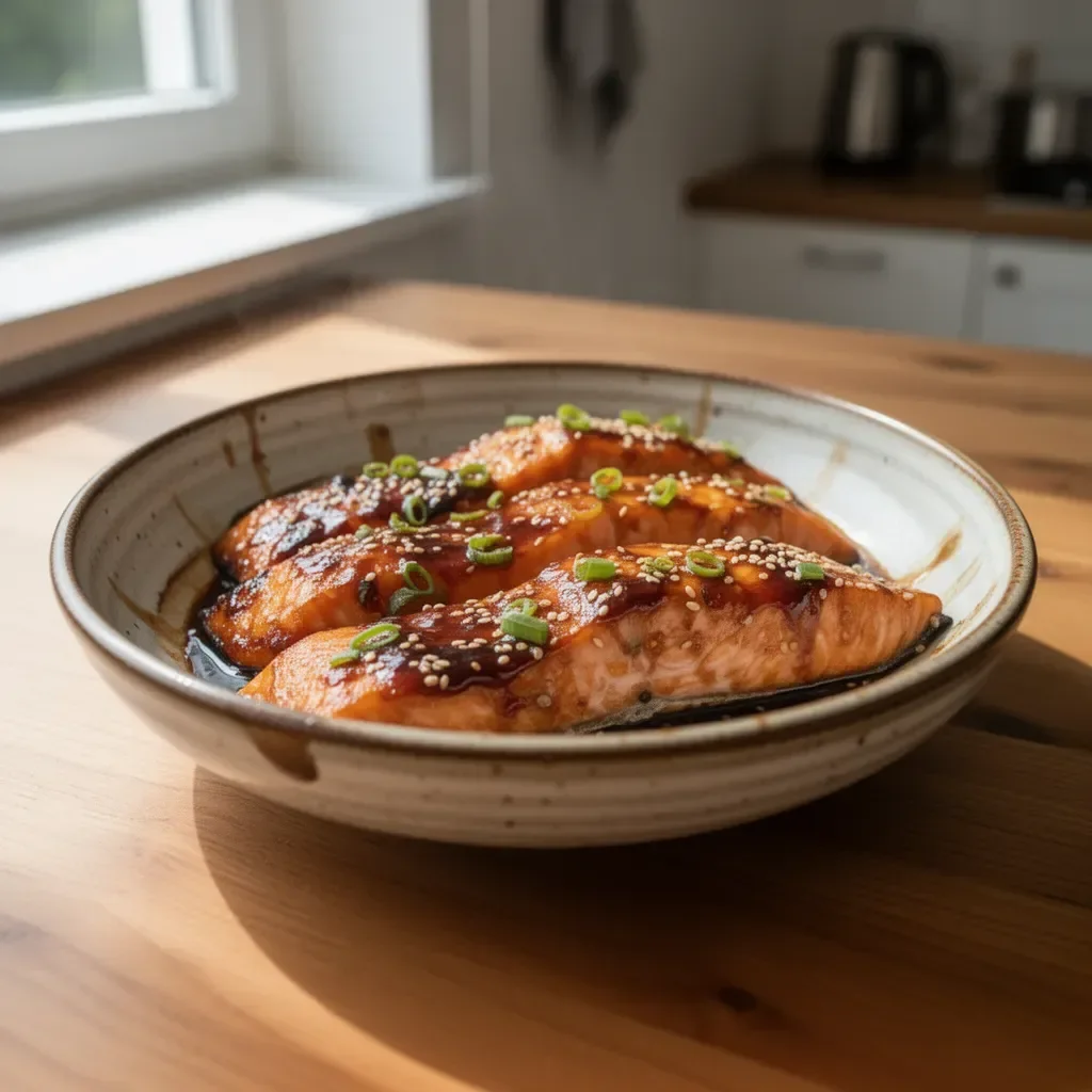 Gebratener Lachs mit Teriyaki-Sauce auf einem Teller