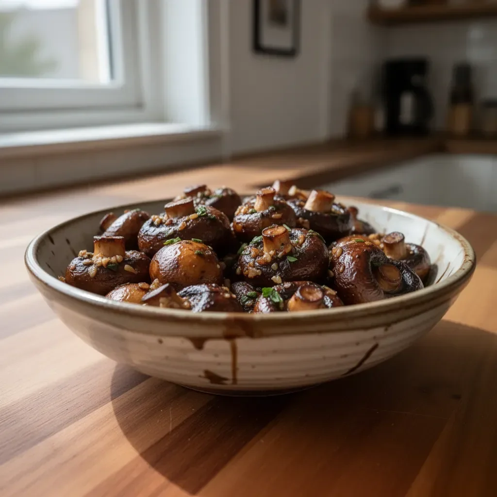 Gegrillte Champignons mit Knoblauch und Balsamico auf einem Grill.