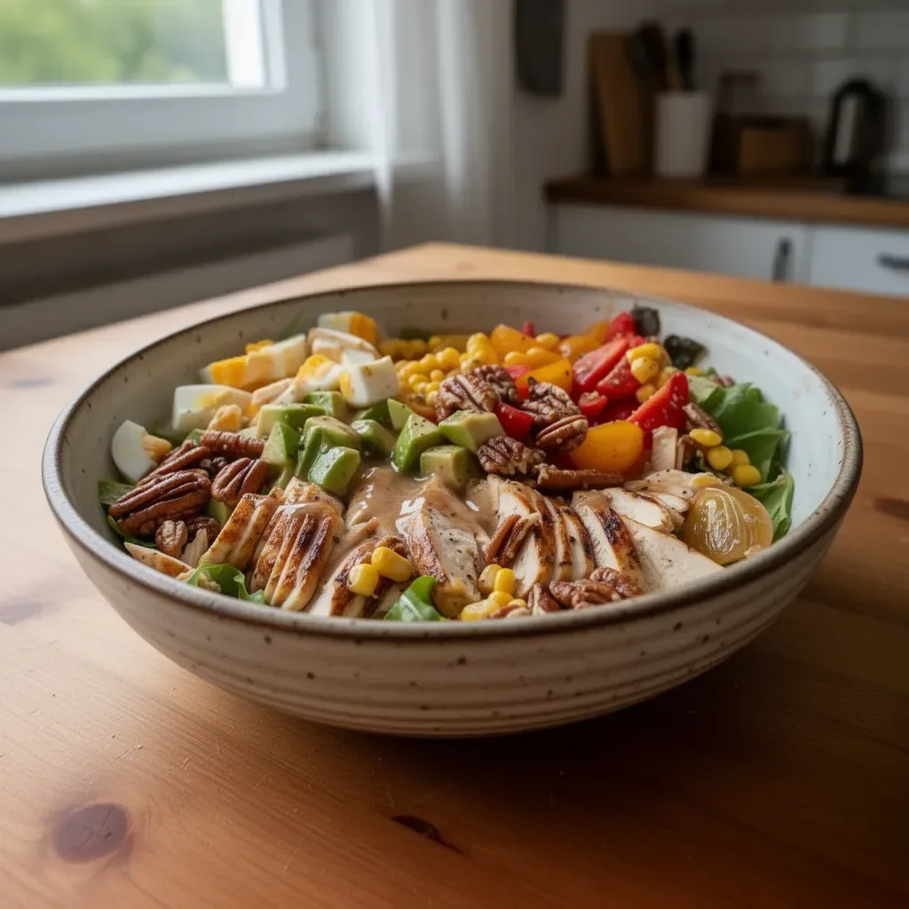 Gegrillter Hähnchensalat mit hausgemachter Süßzwiebelsoße auf einem Holztisch