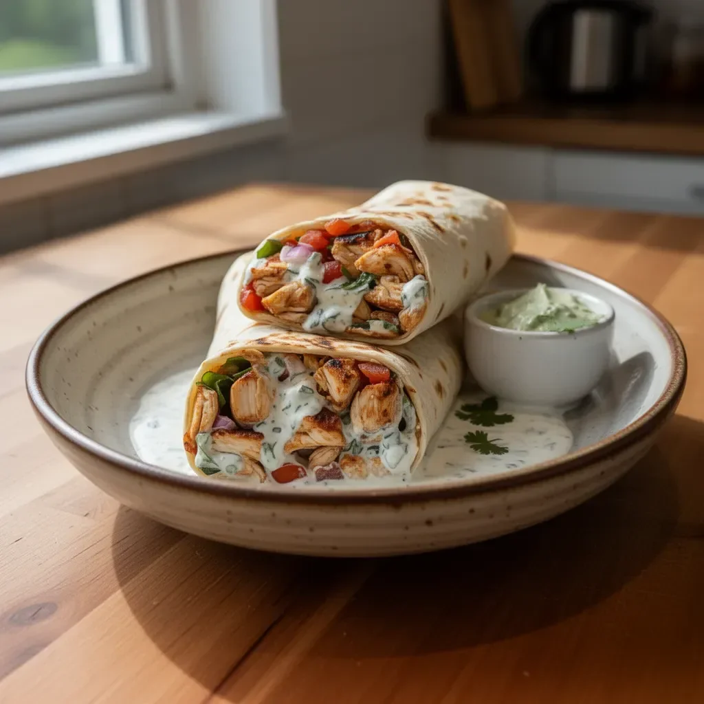 Gegrilltes Hähnchen-Burrito mit Chipotle-Ranch-Dressing auf einem Teller