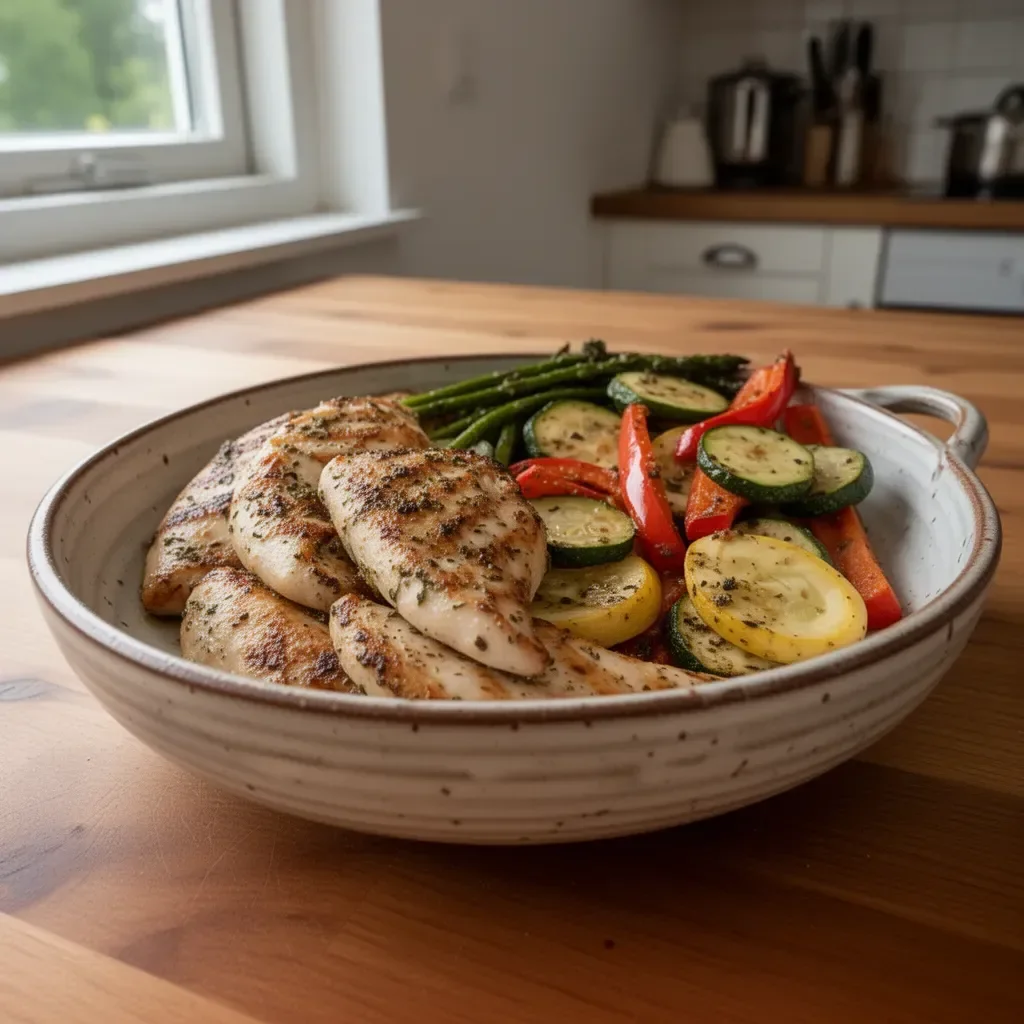 Gegrilltes Hähnchen mit Knoblauch und frischen Kräutern auf dem Grill serviert.