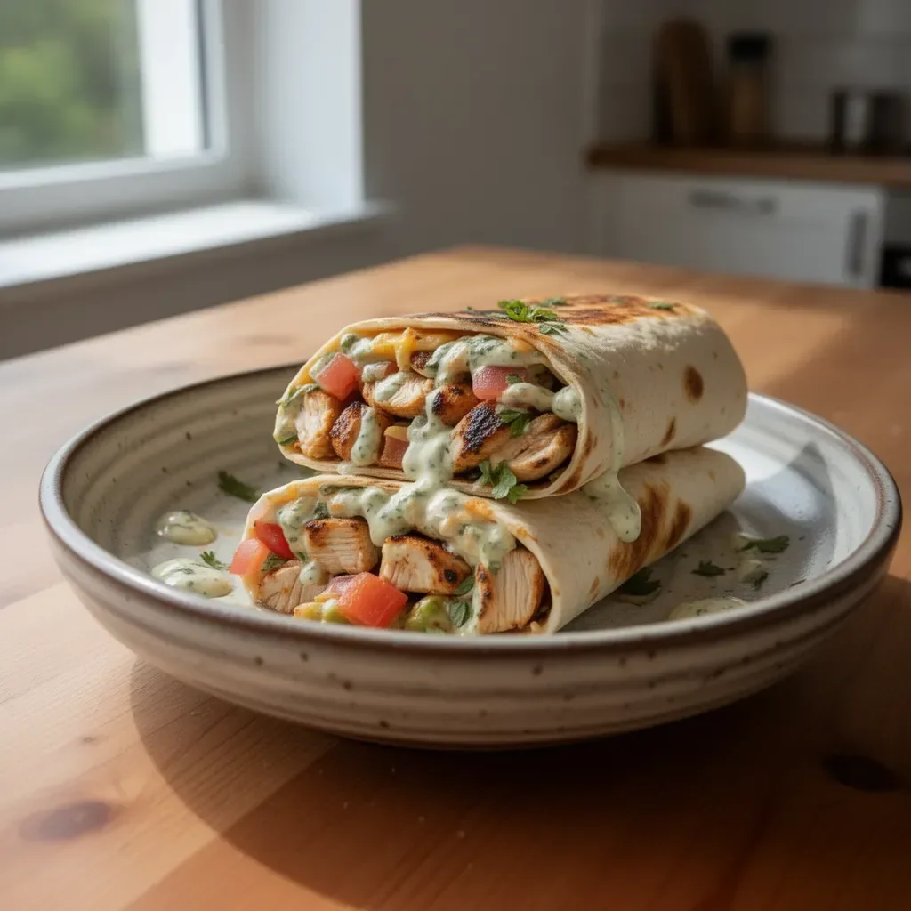Gegrilltes Hühnchen-Burrito mit Chipotle-Ranch-Dressing auf einem Teller