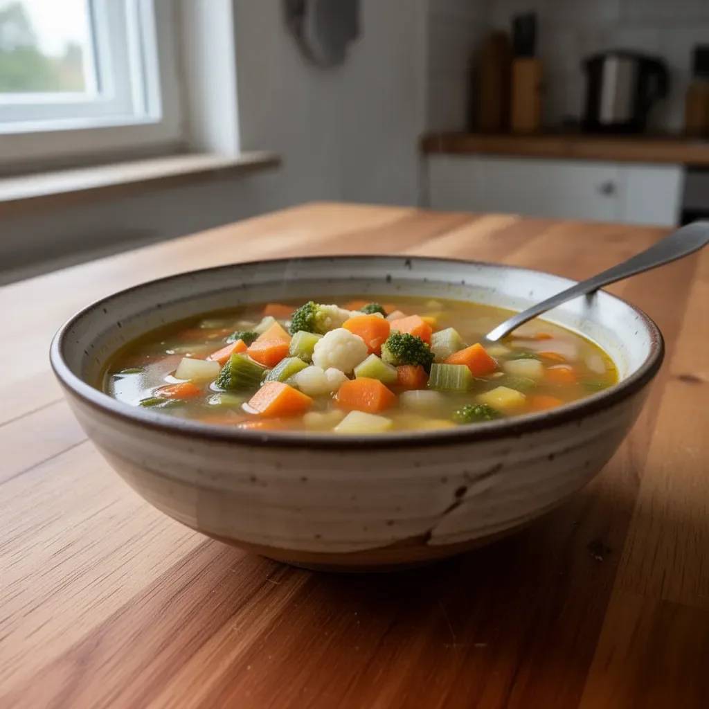 Schüssel mit frischer, bunter Gemüsesuppe