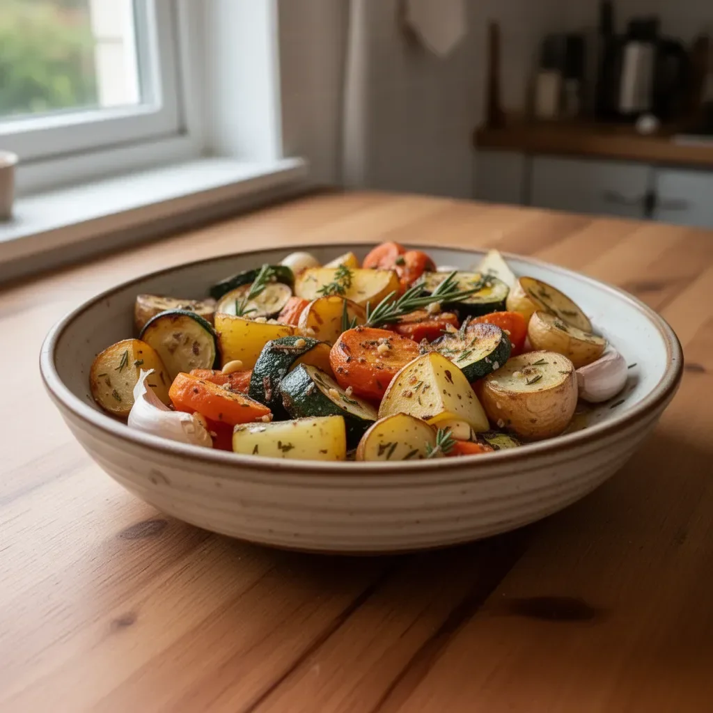 Geröstetes Gemüse mit Knoblauch auf einem Teller angerichtet