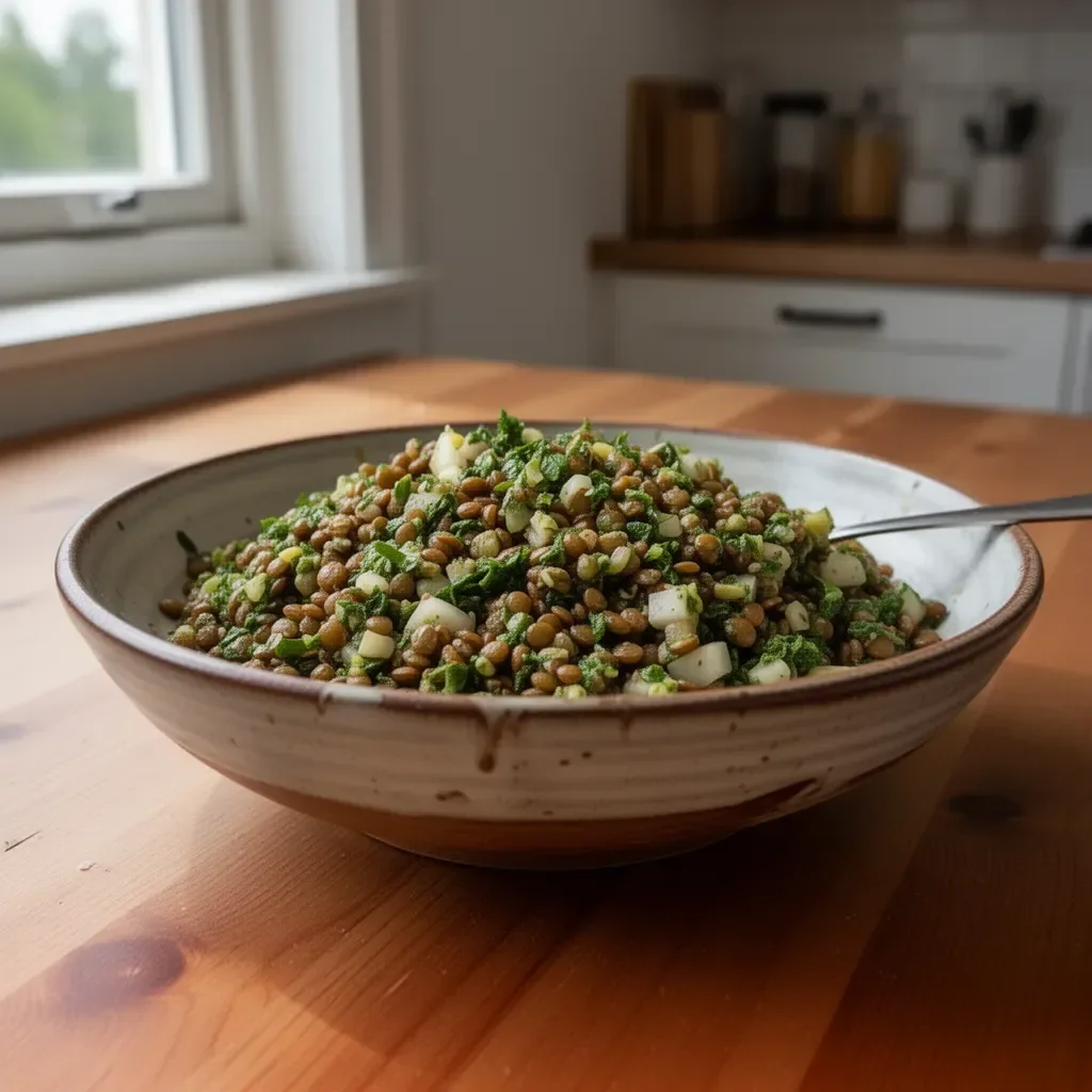 Gesunder libanesischer Linsensalat mit frischen Zutaten und Gewürzen