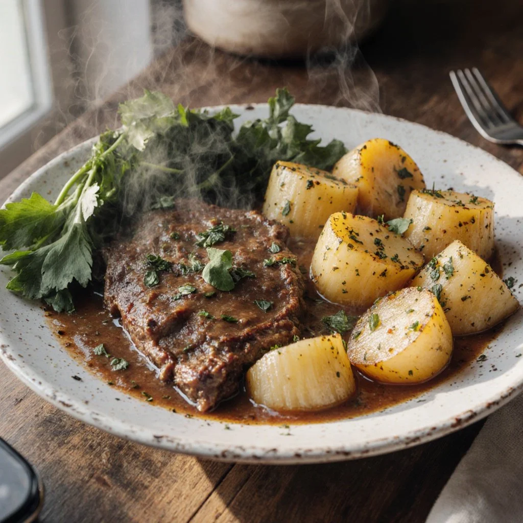 Gewürztes Hackfleisch mit Ofenkartoffeln, Kräutern und gedämpftem Brokkoli