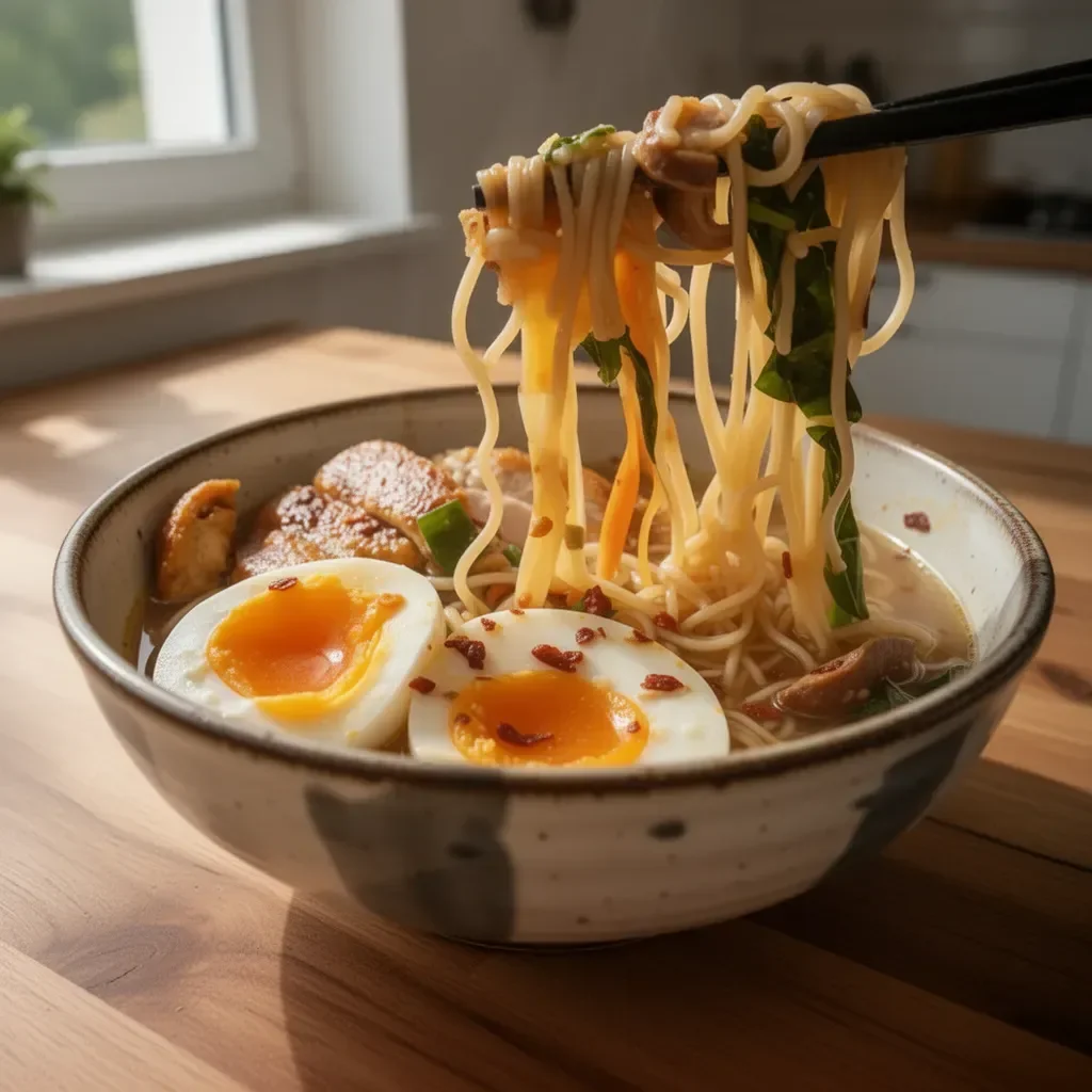 Verschiedene glutenfreie Ramen-Nudeln auf einem Holzbrett angerichtet
