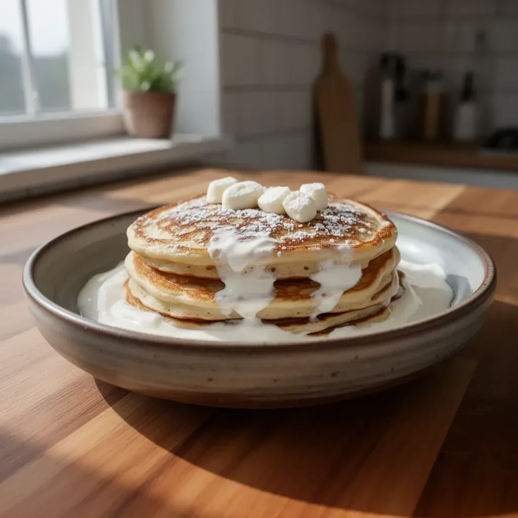 Fluffige Griechischer Joghurt-Pfannkuchen auf einem Teller serviert