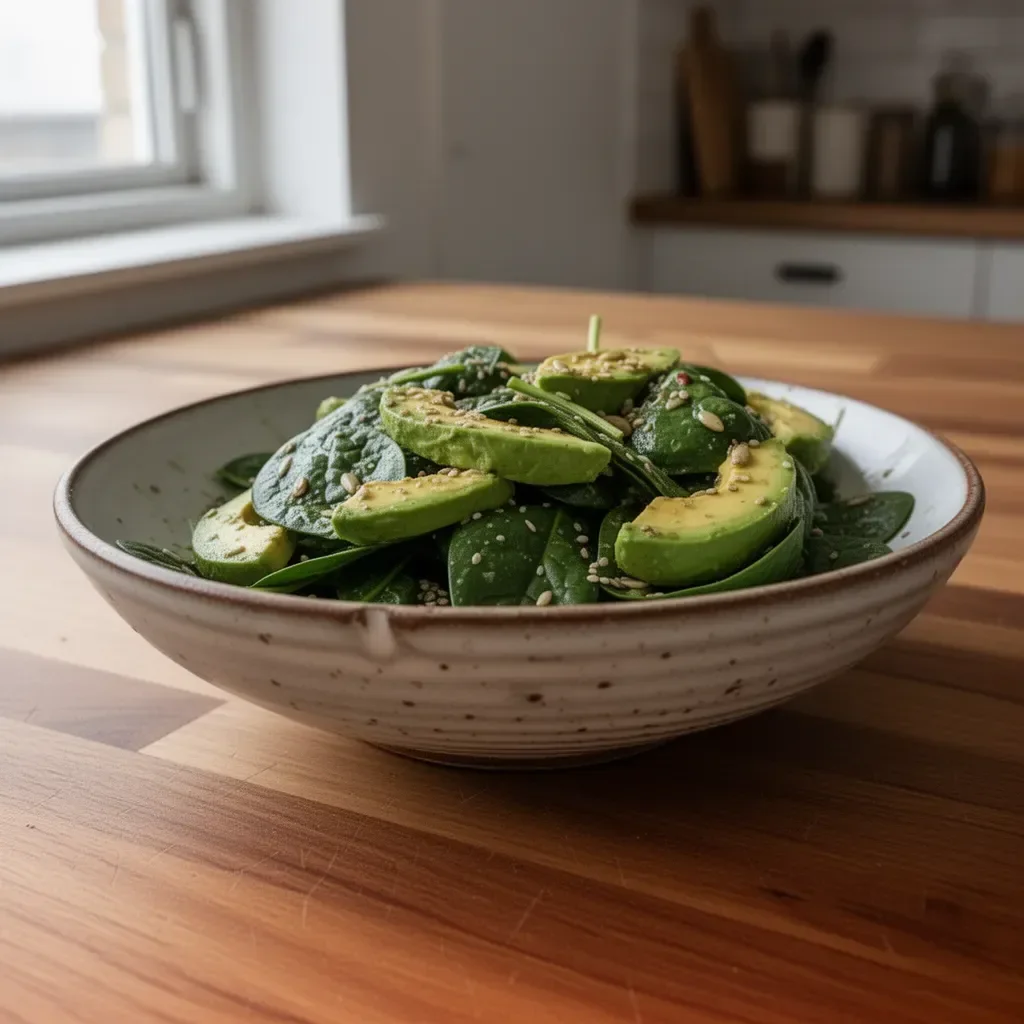 Grüner Salat mit Spinat, Avocado und verschiedenen Samen auf einem Teller