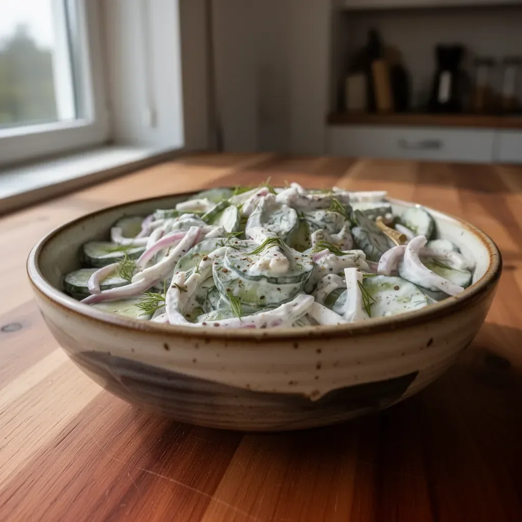Gurkensalat mit Joghurt in einer Schüssel angerichtet