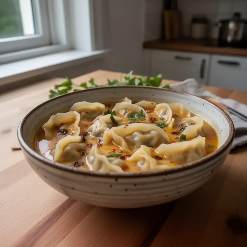Schüssel mit Gyoza-Suppe, garniert mit frischem Gemüse und Kräutern.