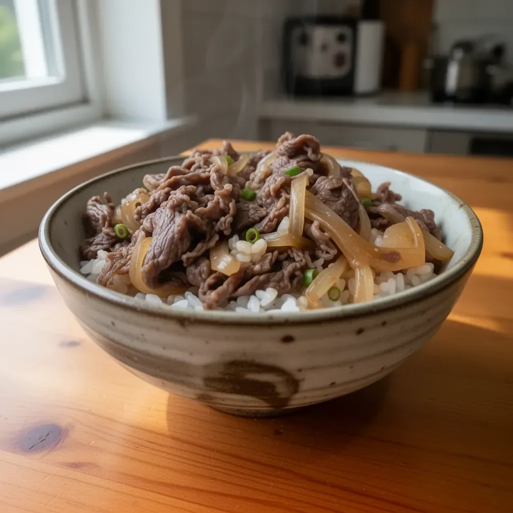 Leckere Gyudon-Schüssel mit zartem Rindfleisch und Reis