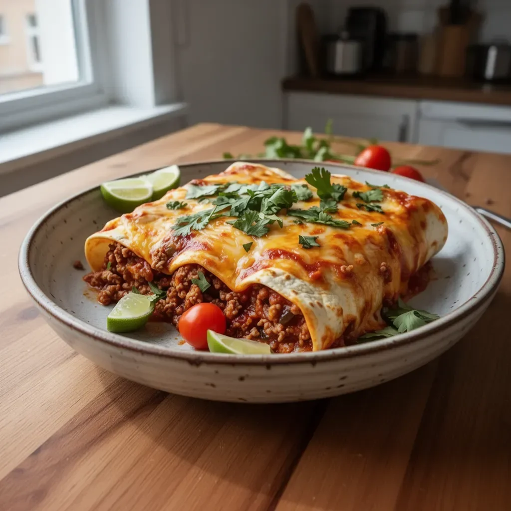 Leckere Hackfleisch-Enchiladas auf einem Teller serviert