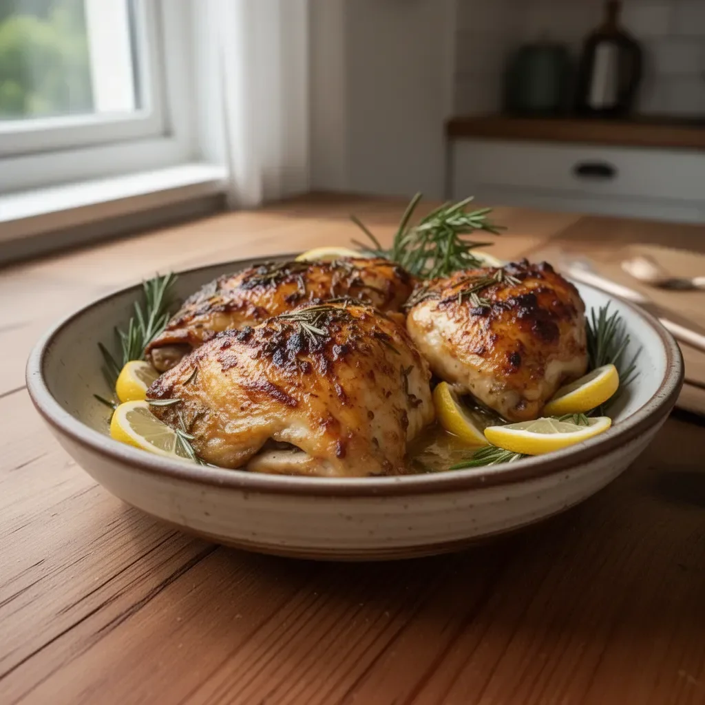 Hähnchen im Ofen mit Zitrone und Rosmarin, serviert auf einem rustikalen Teller.