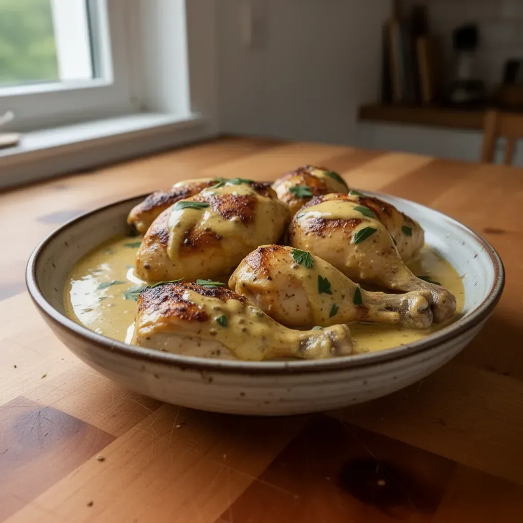 Delikates Hähnchen in Senfsauce serviert mit Beilagen