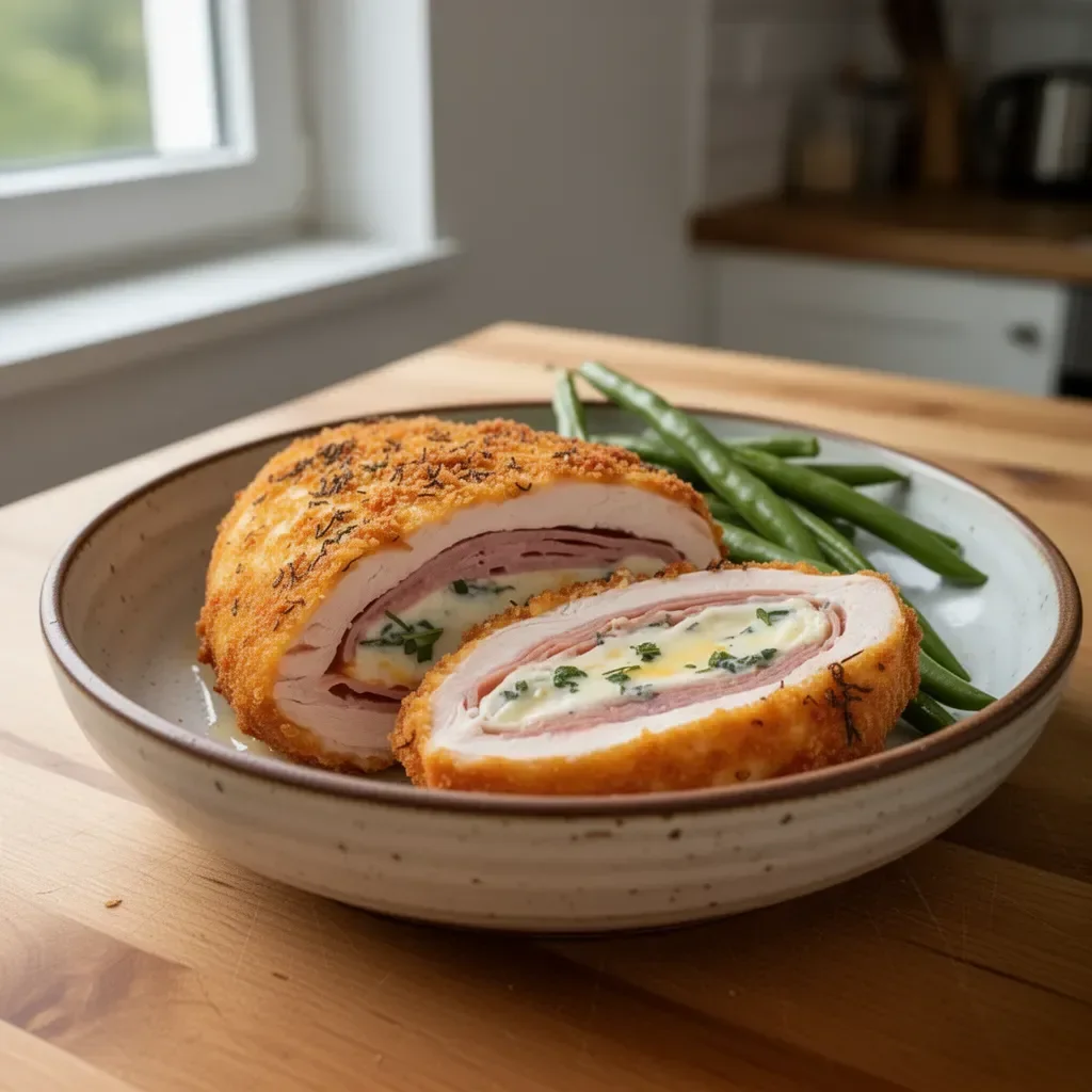 Gefüllte Hähnchenbrust mit Schinken und Käse auf einem Teller