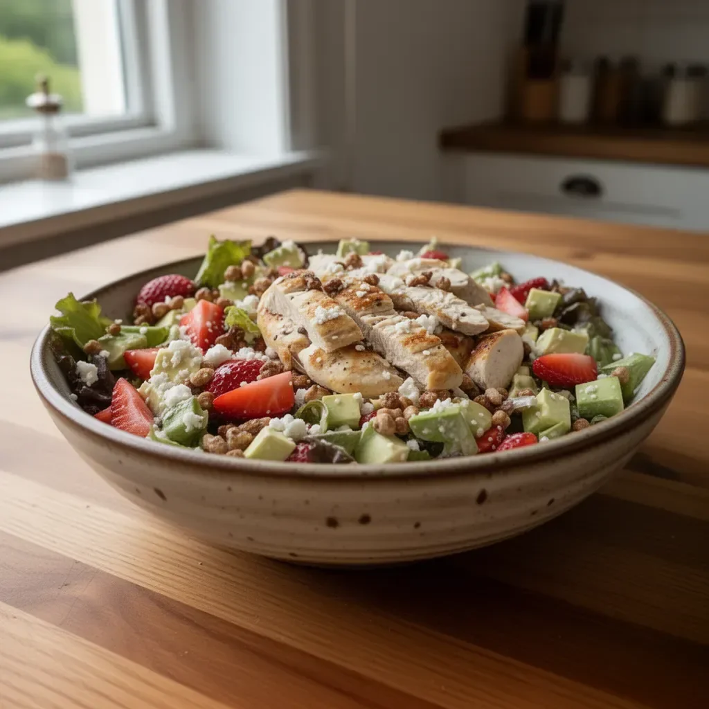 Hähnchensalat mit Erdbeeren auf einem Teller, dekoriert mit frischen Kräutern.