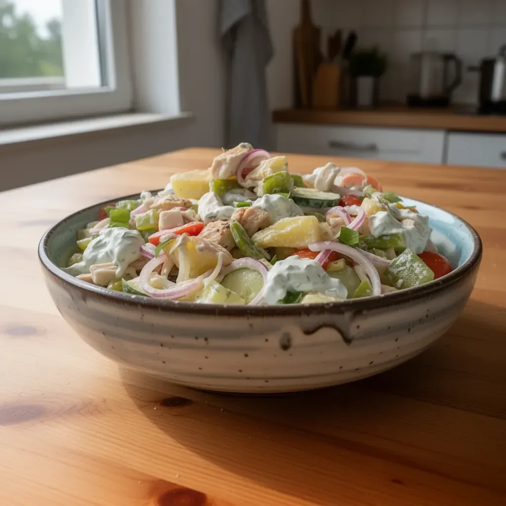 Hähnchensalat mit leckerer Tzatziki-Sauce serviert auf einem weißen Teller