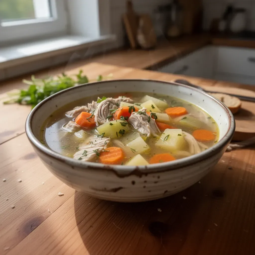 Hausgemachte Hühnersuppe in einer Schüssel, dampfend und aromatisch.