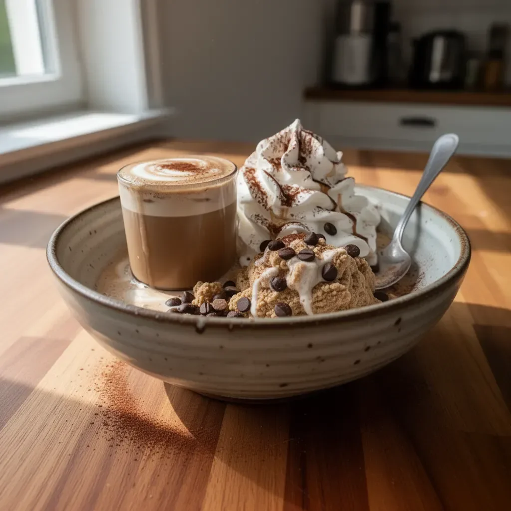 Hausgemachter Eiskaffee in einem Glas, mit Sahne und Kaffeebohnen dekoriert