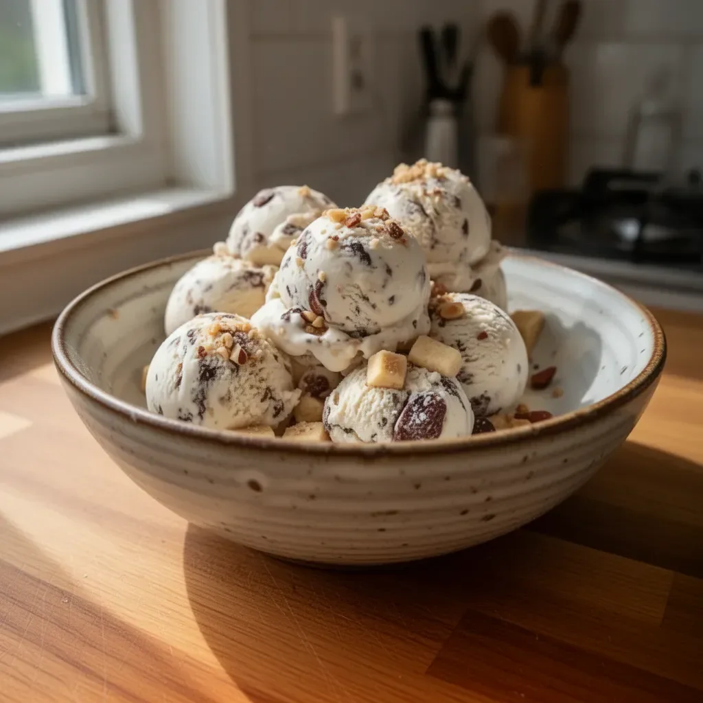 Hausgemachtes Eis mit Stückchen in einem Schalen mit frischen Zutaten.