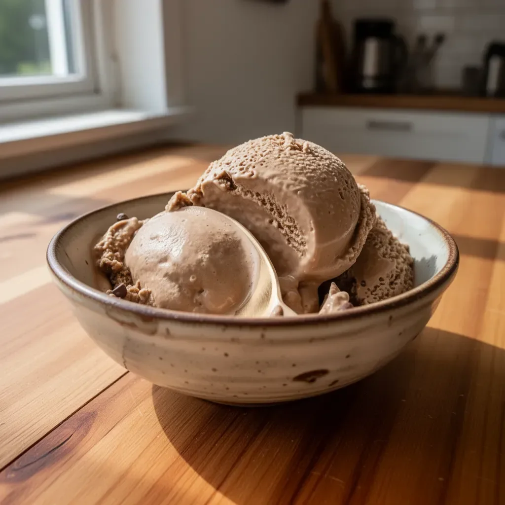 Hausgemachtes Kaffeeeis in einer Schale mit Kaffeebohnen und Schokoladensauce