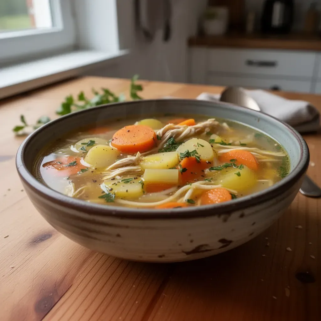 Heilende spanische Hühnersuppe mit frischen Zutaten in einer Schüssel serviert.