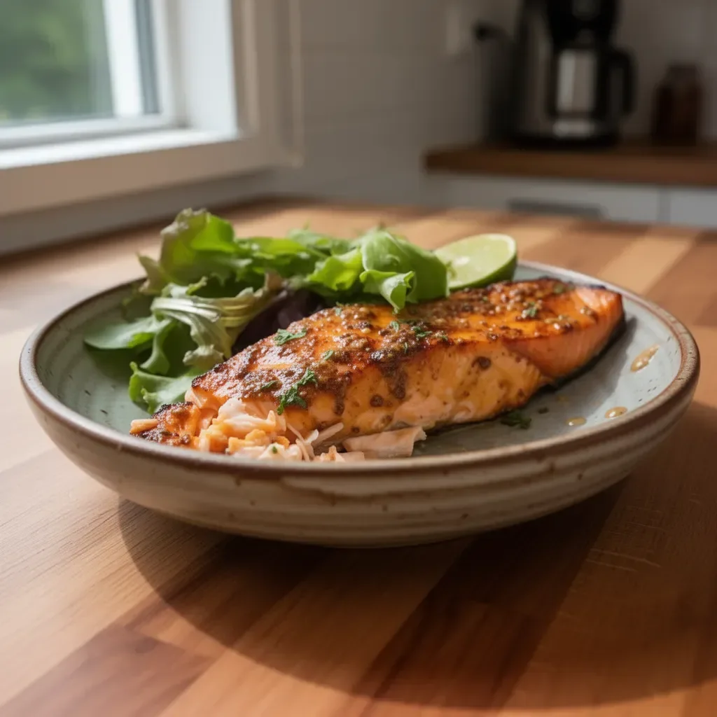 Honig-Senf-Lachs zubereitet im Airfryer, serviert mit Beilagen