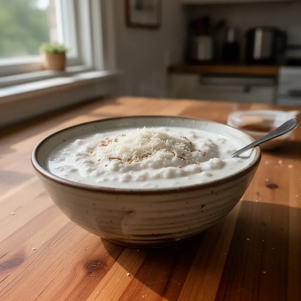 Ein Glas Horchata mit Zimt und Reis, ein erfrischendes traditionelles Getränk.