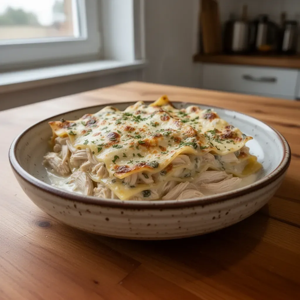 Hühnchen-Lasagne in weißer Sauce mit Käse überbacken und frischen Kräutern