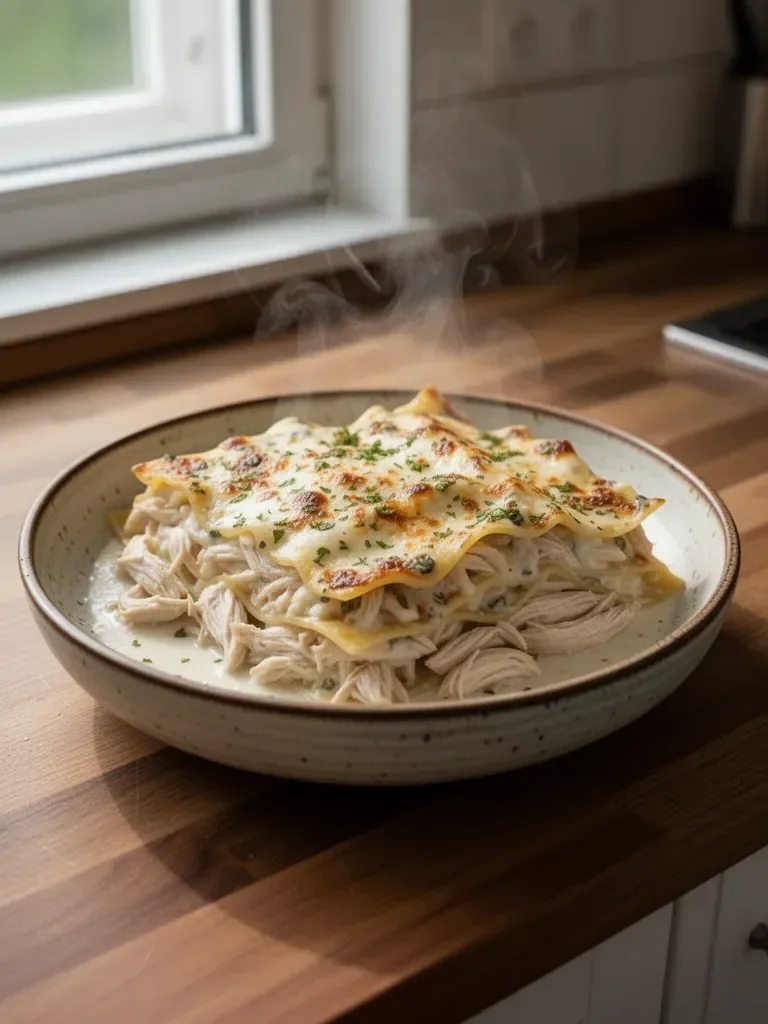 Hühnchen-Lasagne in weißer Sauce