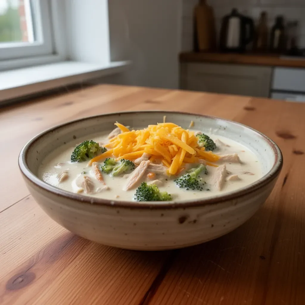 Hühnchencreme mit Brokkoli und Käse in einer dekorativen Schüssel